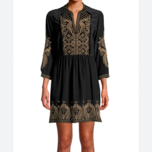 Johnny Was 100% Silk Embroidered Dress Black/Tan Himmel Boho Tunic Dress Medium - Picture 7 of 7